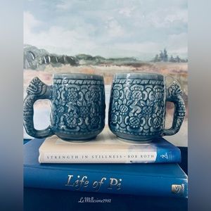 Vintage Set of 2 Thai Celadon Dragon Handled Mugs